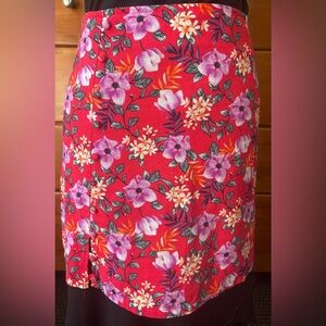 Red flowered linen mini skirt